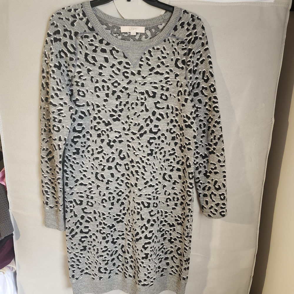 LOFT Black and Gray Leopard Long Sleeve Dress